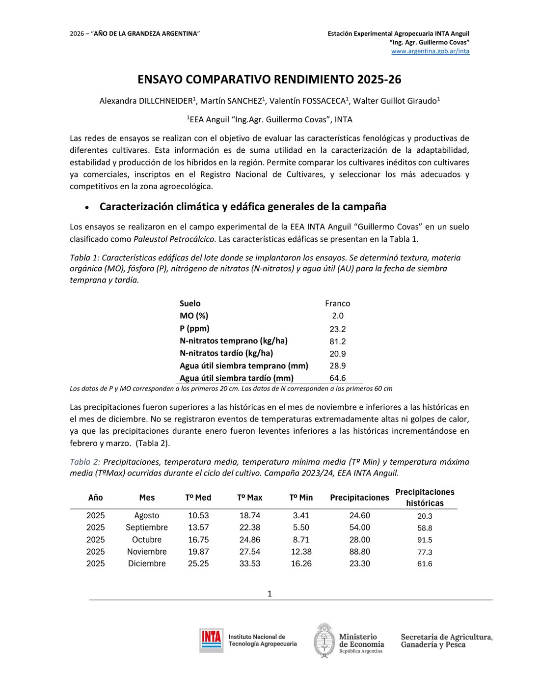 INTA Anguil - Maíz 2025/26 - resultados preliminares